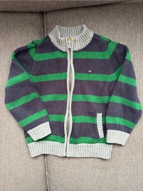 Tommy Hilfiger | Navy & Green Striped Zip-Up Kids Sweater | 2T